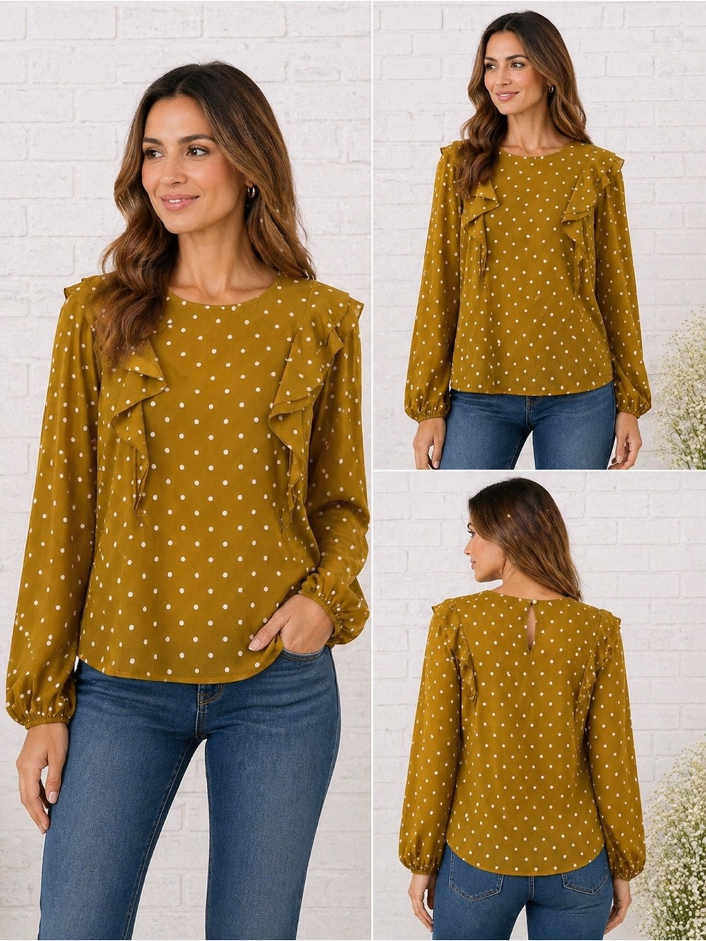 Ann Taylor Factory Mustard Polka Dot Ruffle Long Sleeve Blouse Size XL